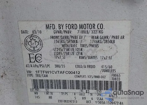 2010 Ford F-150 Fx2 Sport/Harley-Davidson/King Ranch/Lariat/Platinum/Xl/Xlt из США, поврежденный, VIN 1FTFW1CV7AFC00412